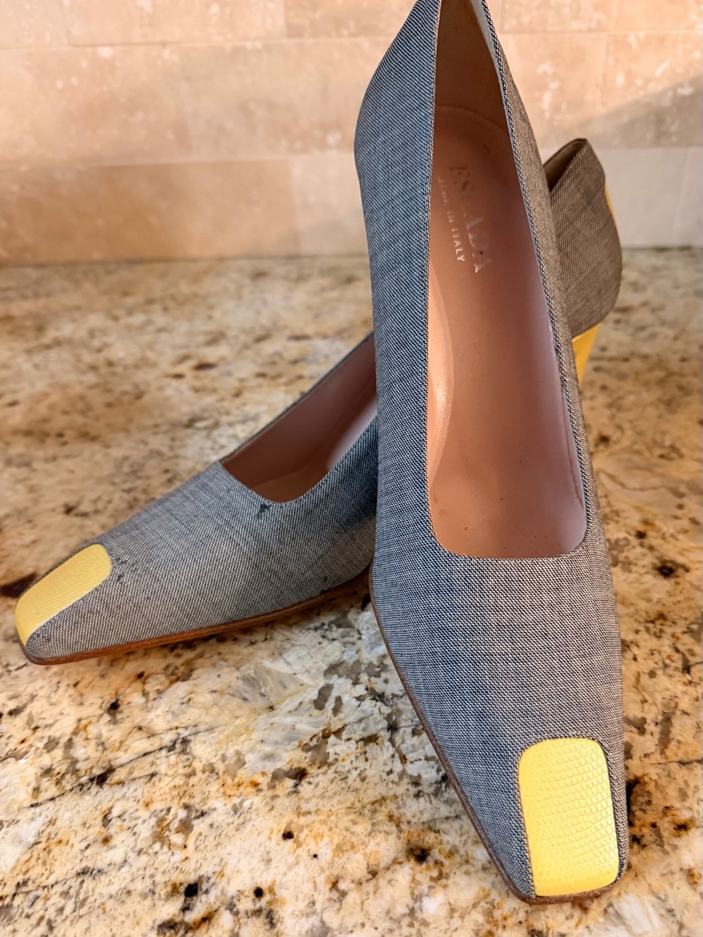 Deadstock Vintage Escada Italy Gray Linen Yellow Square Toe Heels w/Box Size 10B